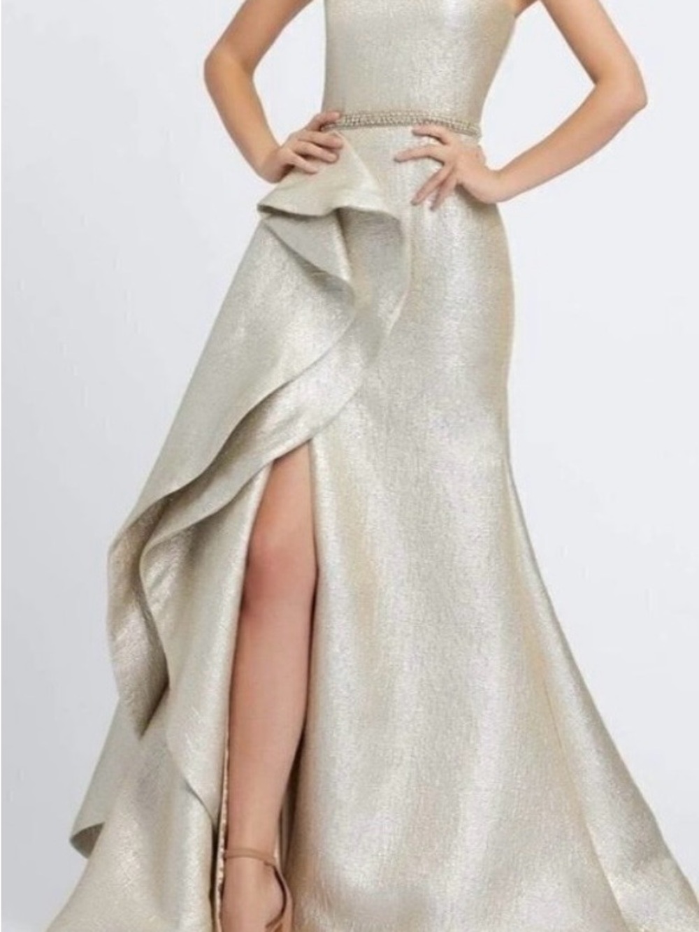 Mac Duggal Shimmery Champagne Ruffle Gown